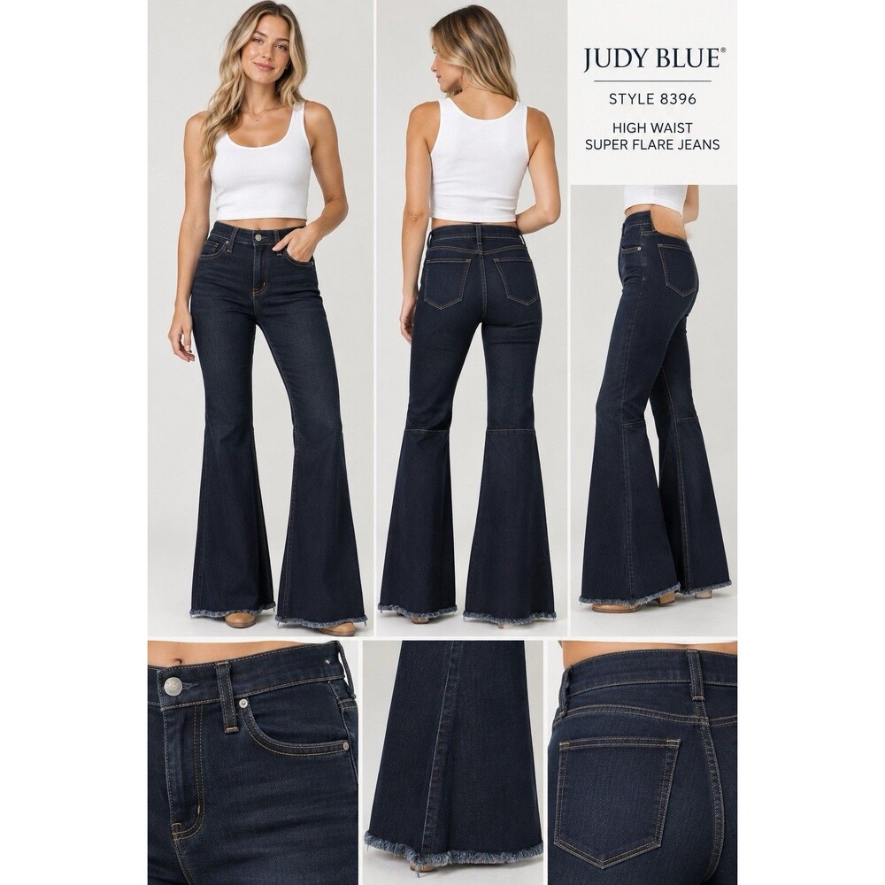 Judy Blue High Waist Super Flare Dark Wash Bell Bottom Jeans Size 1 Raw Hem USA